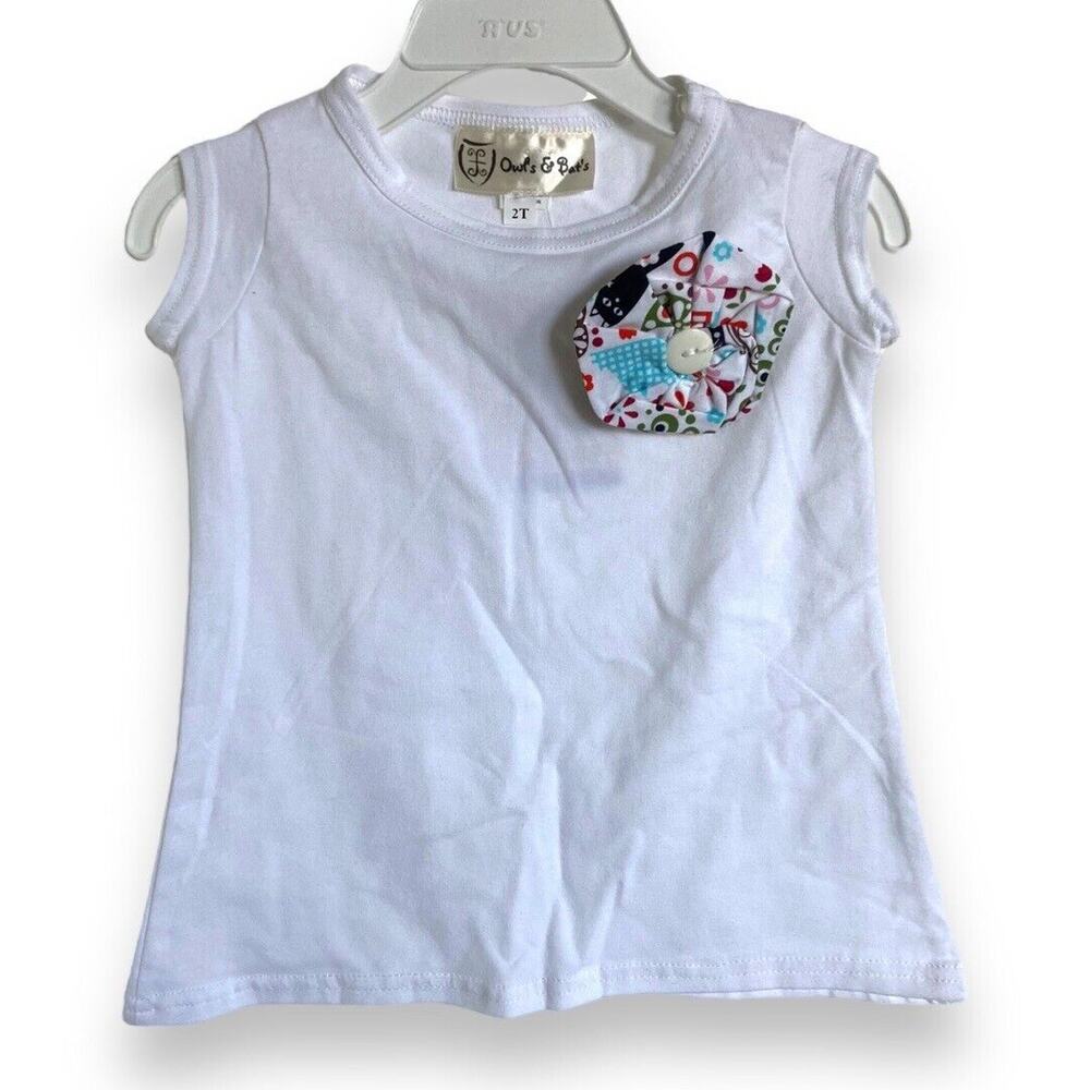 Owl's and‎ Bat's Girls Top Size 2T White Button Flower Stretchy Knit NEW